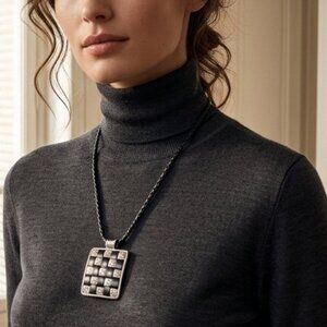 NWT Laiclay Handcrafted Polymer Clay Necklace | Black & Silver Foil | Silk Rope